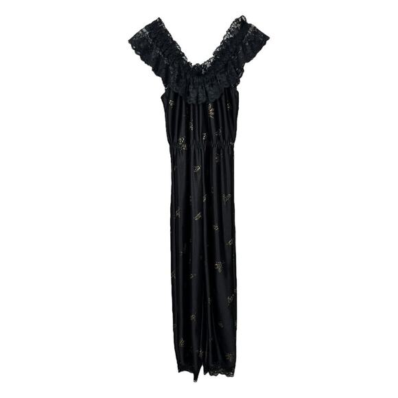 Vintage Other - Vintage 70s Dolores For Poirette Black Sleepwear Jumpsuit Medium Lace Gold Satin